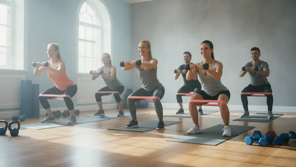 Group fitness strength class members training together