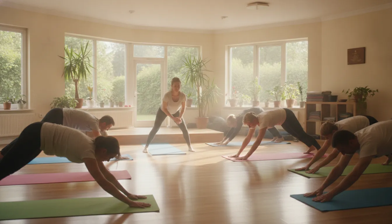 A calm yoga class in a bright private club studio, with participants stretching on mats