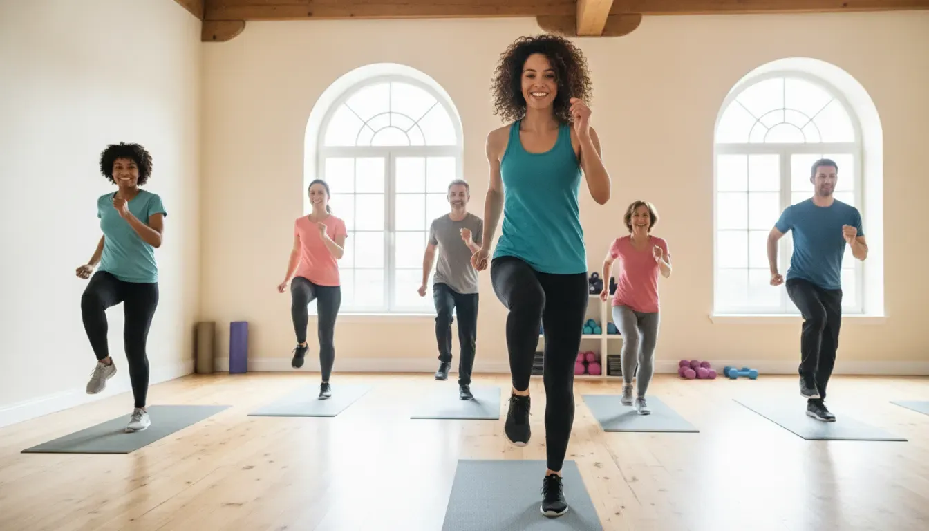 Adult beginners following a coached fitness class