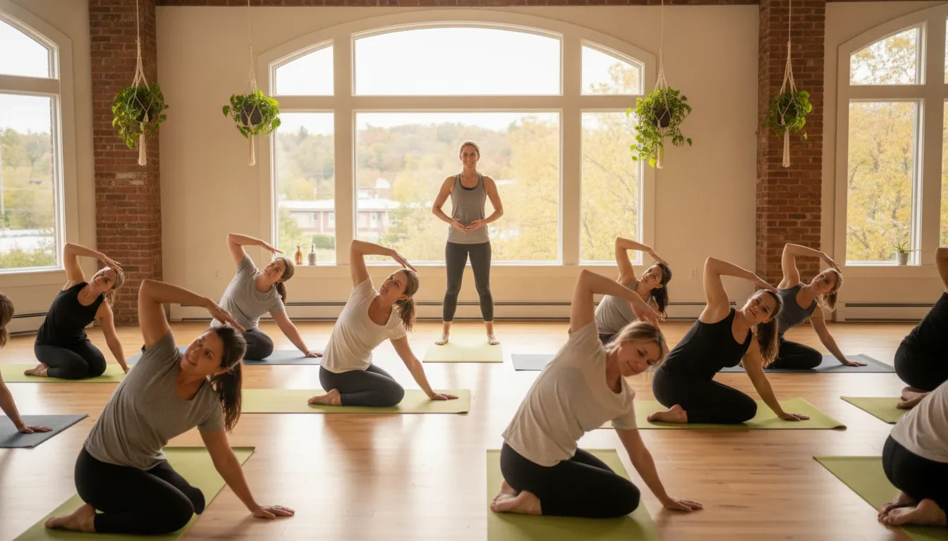 Yoga class participants moving together in a welcoming Chagrin Falls fitness club