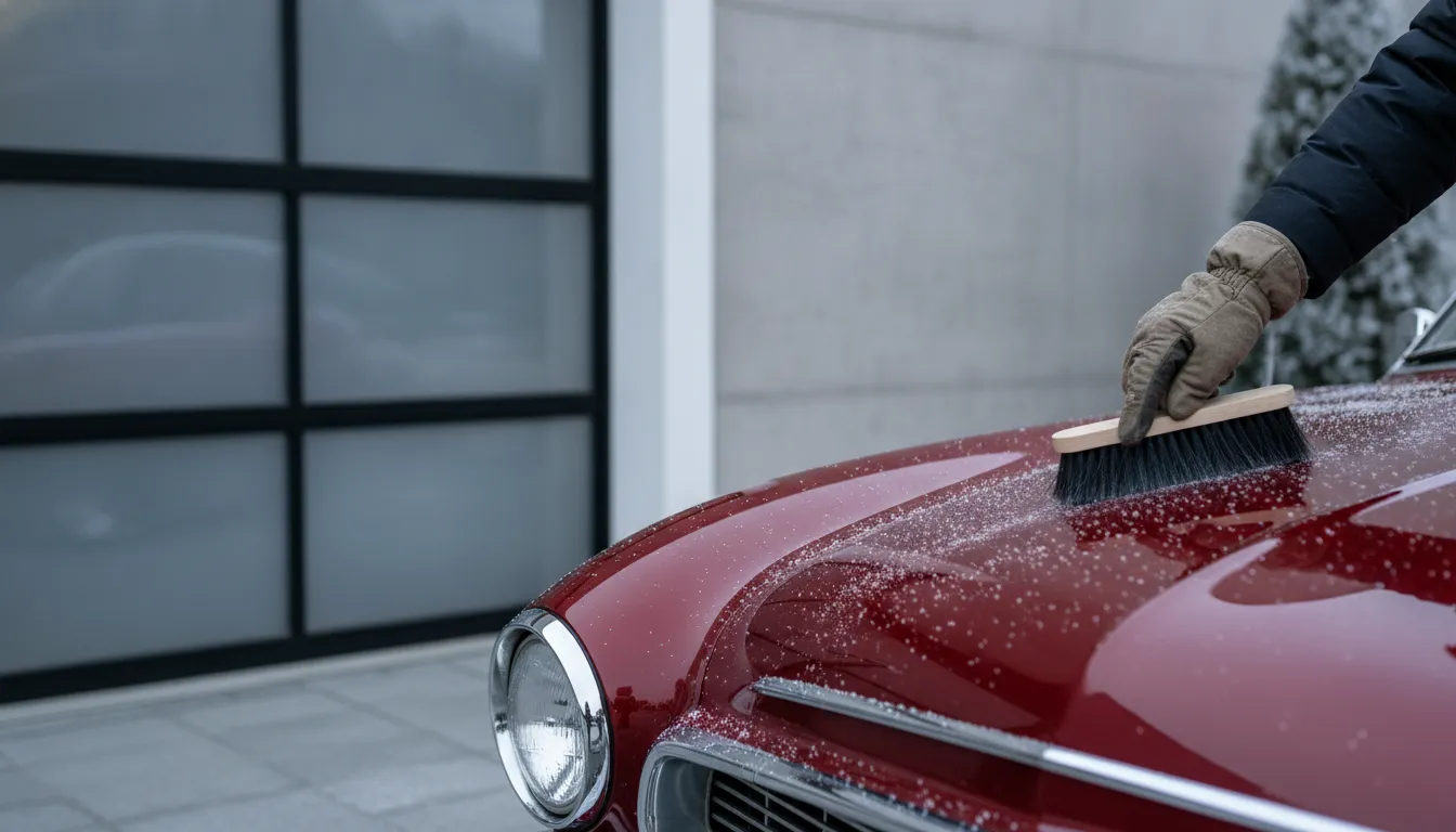 Classic car being prepared for winter driving after snow and ice