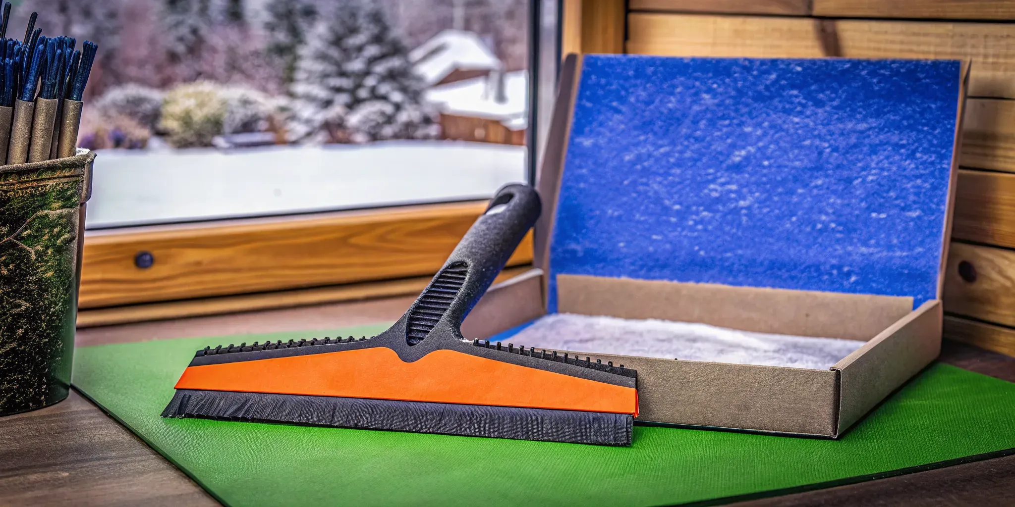 Custom branded Edge ice scraper presented as a premium corporate gift in an office setting