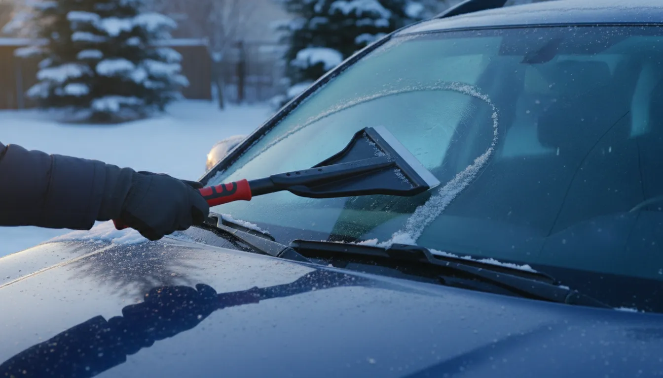 Broad ice scraper clearing frost from a vehicle windshield