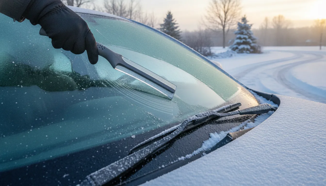 Gloved driver using a broad ice scraper on a frosted vehicle windshield