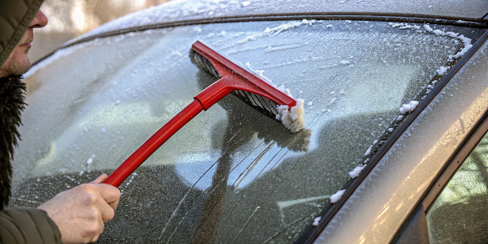 Driver using a large red snow scraper to clear a car windshield on a snowy winter morning
