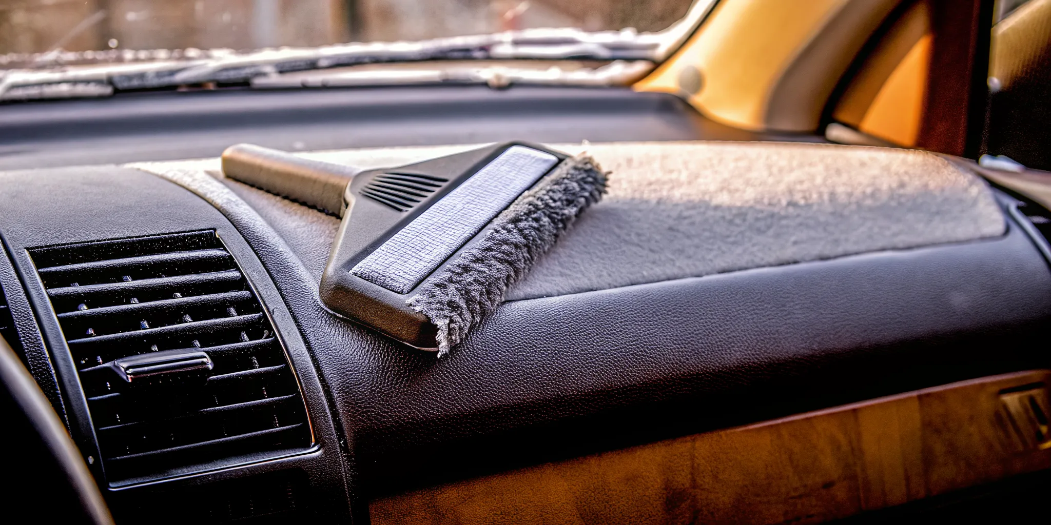 Custom branded promotional ice scraper with corporate logo on a car dashboard in winter