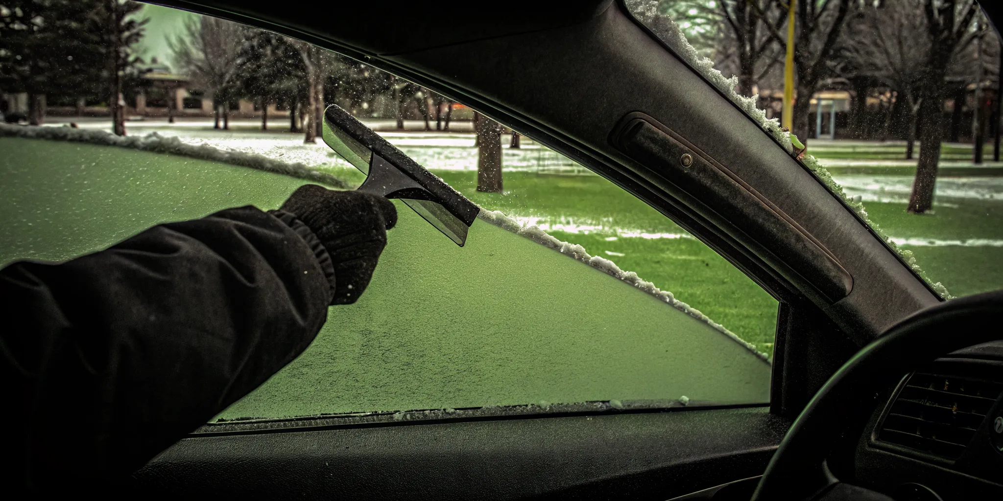Person using The Edge ice scraper to clear ice from a car windshield on a snowy morning