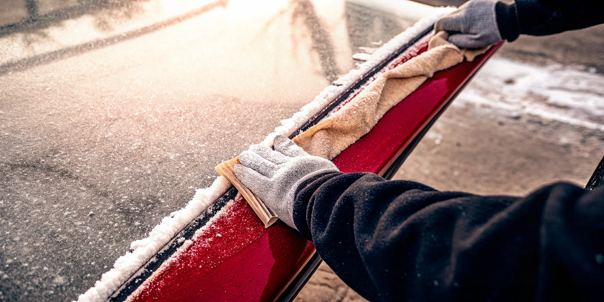 Driver rinsing salt and road grit from an ice scraper after clearing a windshield