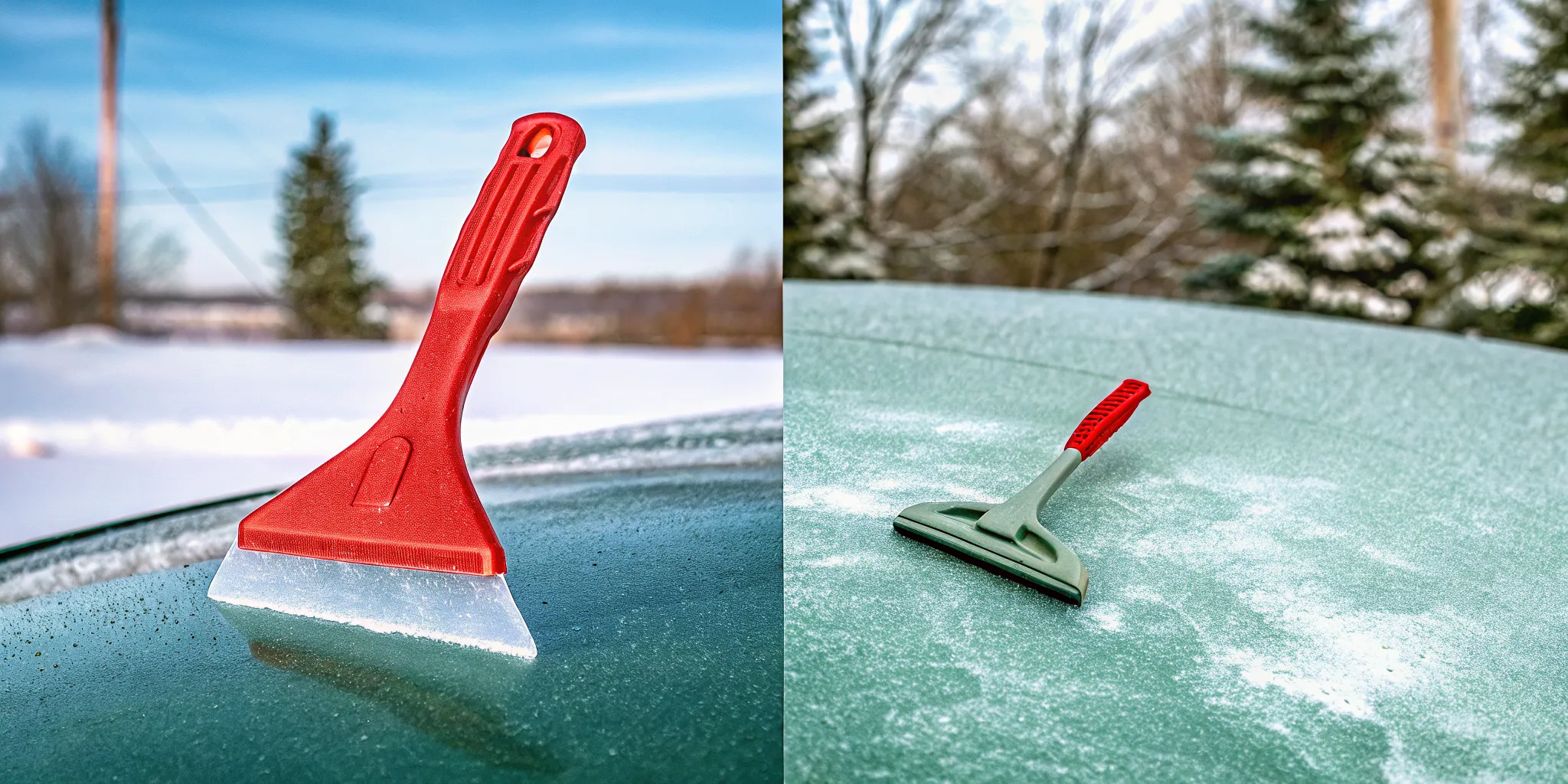 Comparison of a small thin plastic ice scraper next to a large oversized red ice scraper on a car hood