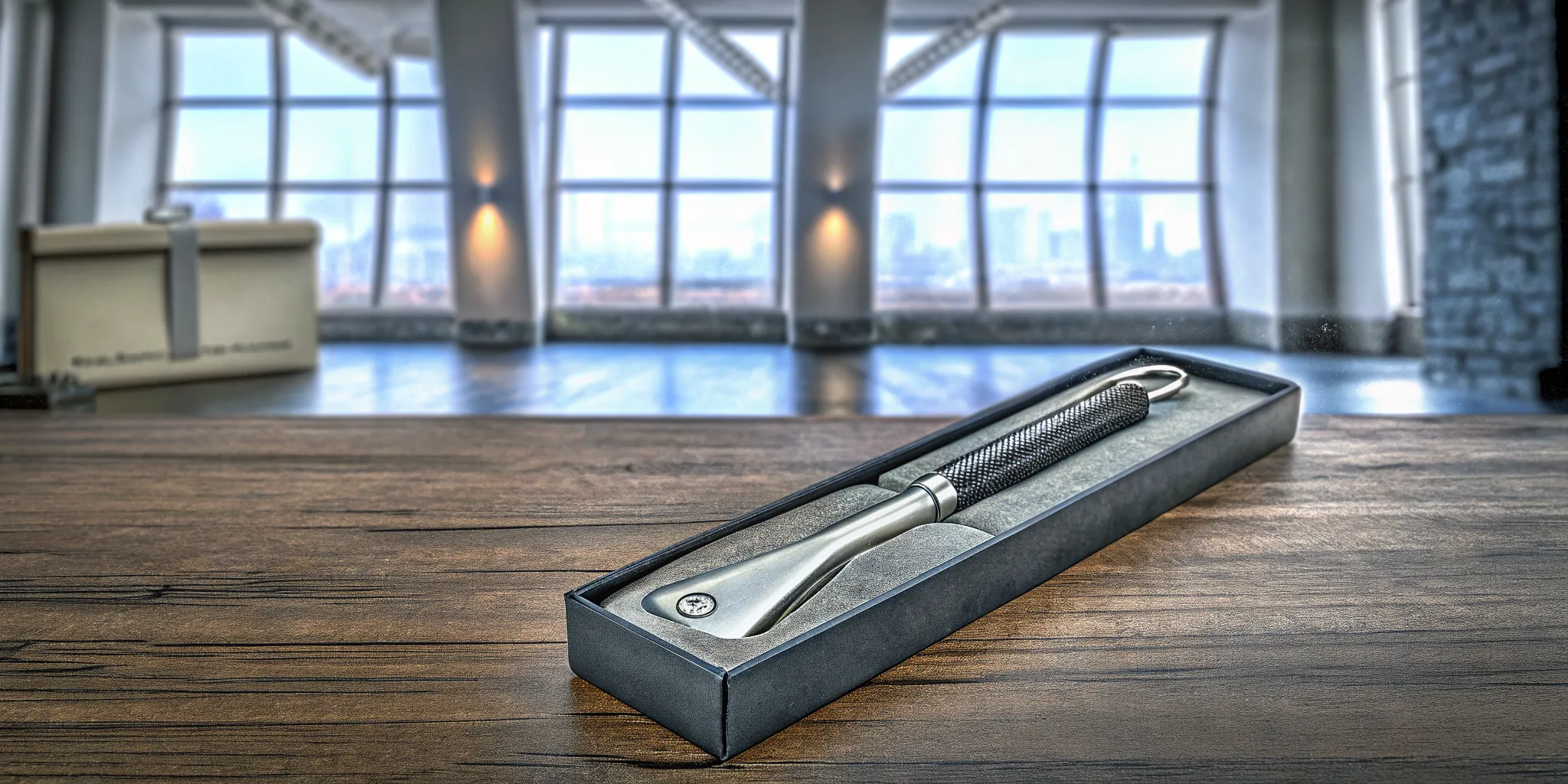 Custom branded Edge ice scraper presented as a premium corporate gift on a desk next to a gift box