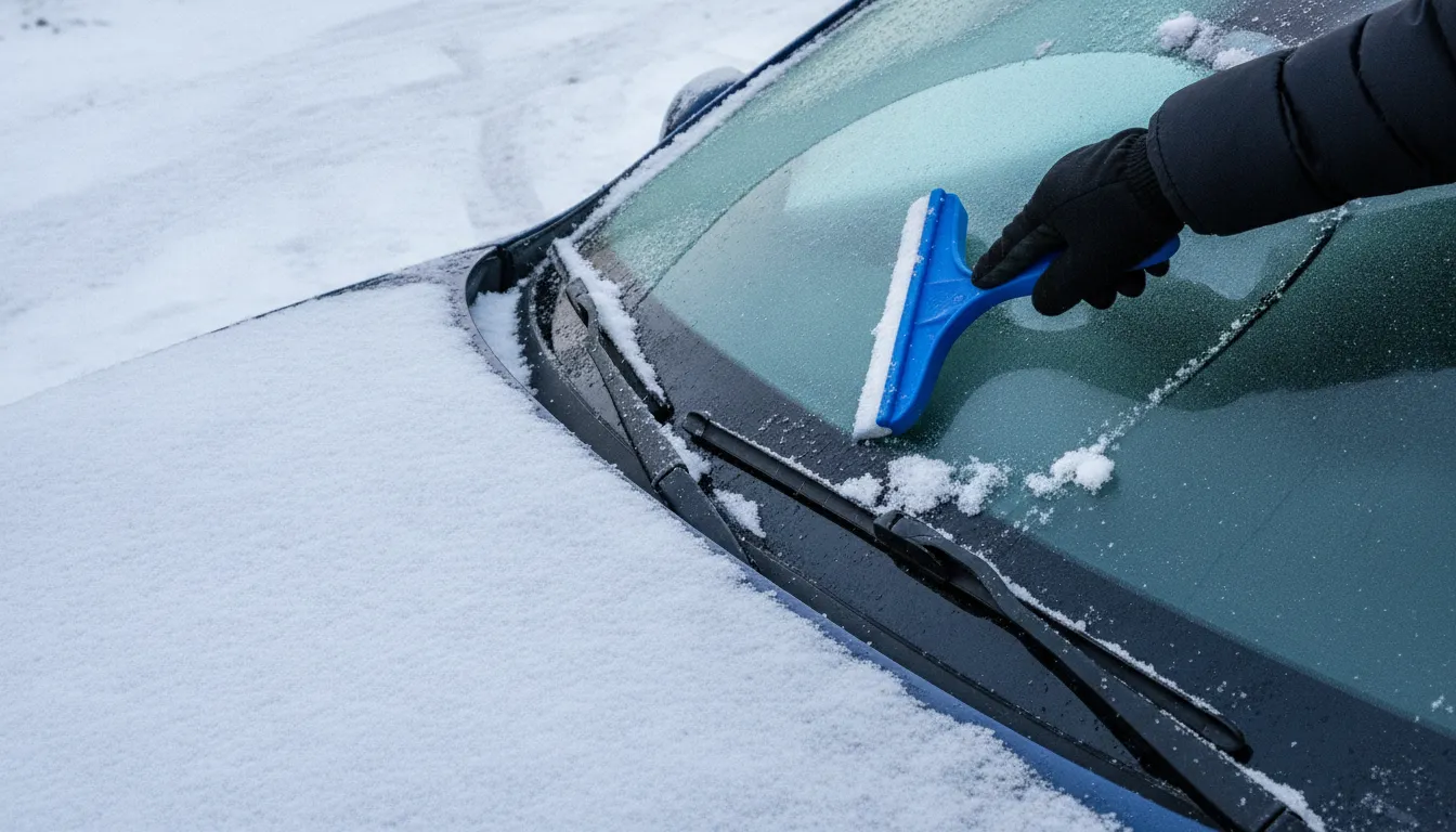 The Edge wide snow and ice scraper clearing a vehicle windshield