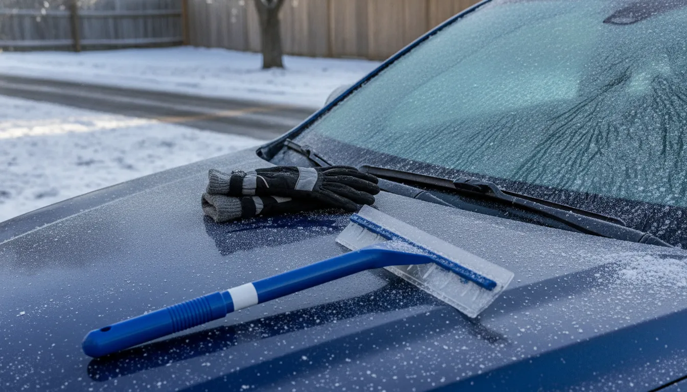 Broad ice scraper beside a frosted car windshield