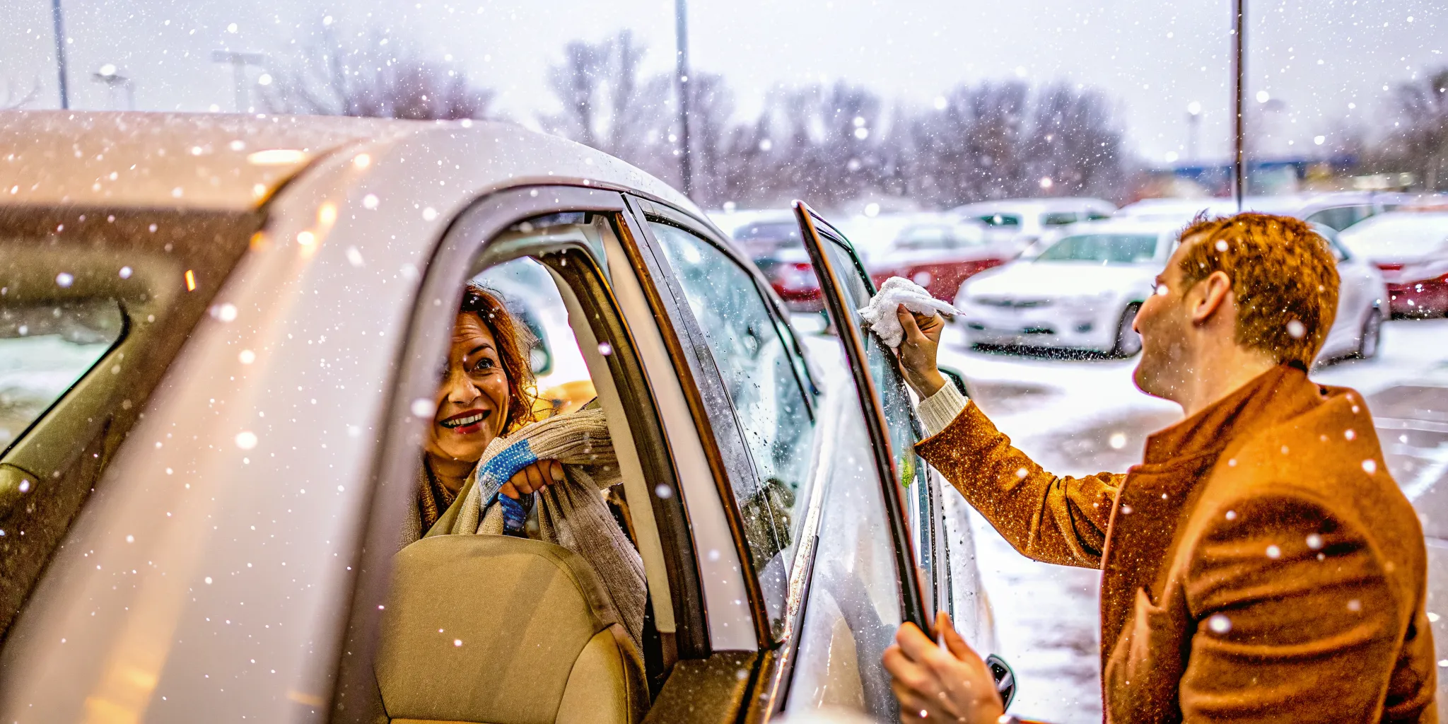 Car dealership salesperson in a winter showroom handing a custom-branded ice scraper to a customer