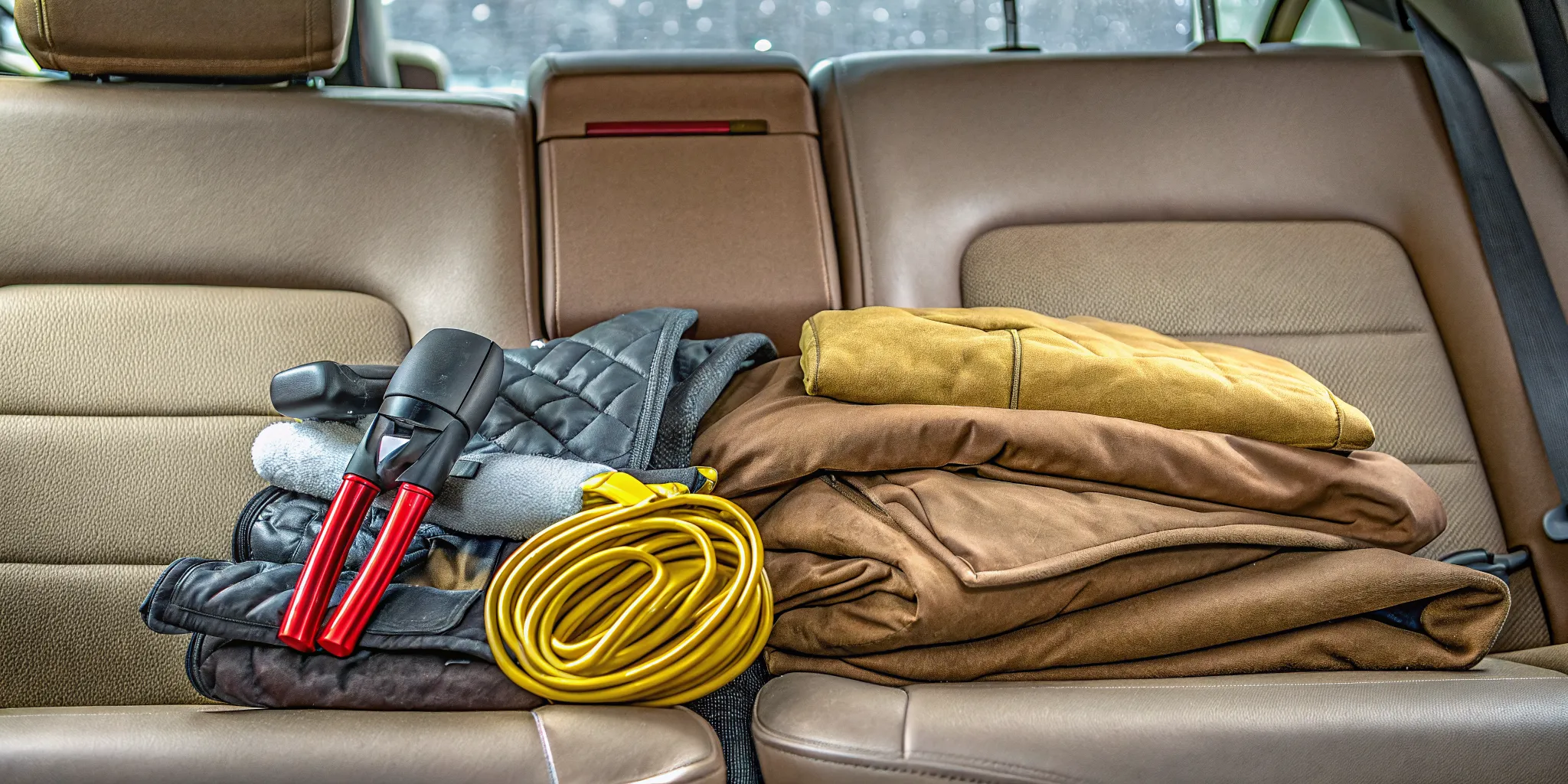 Winter car emergency kit with flashlight, blanket, jumper cables, and ice scraper on car seat