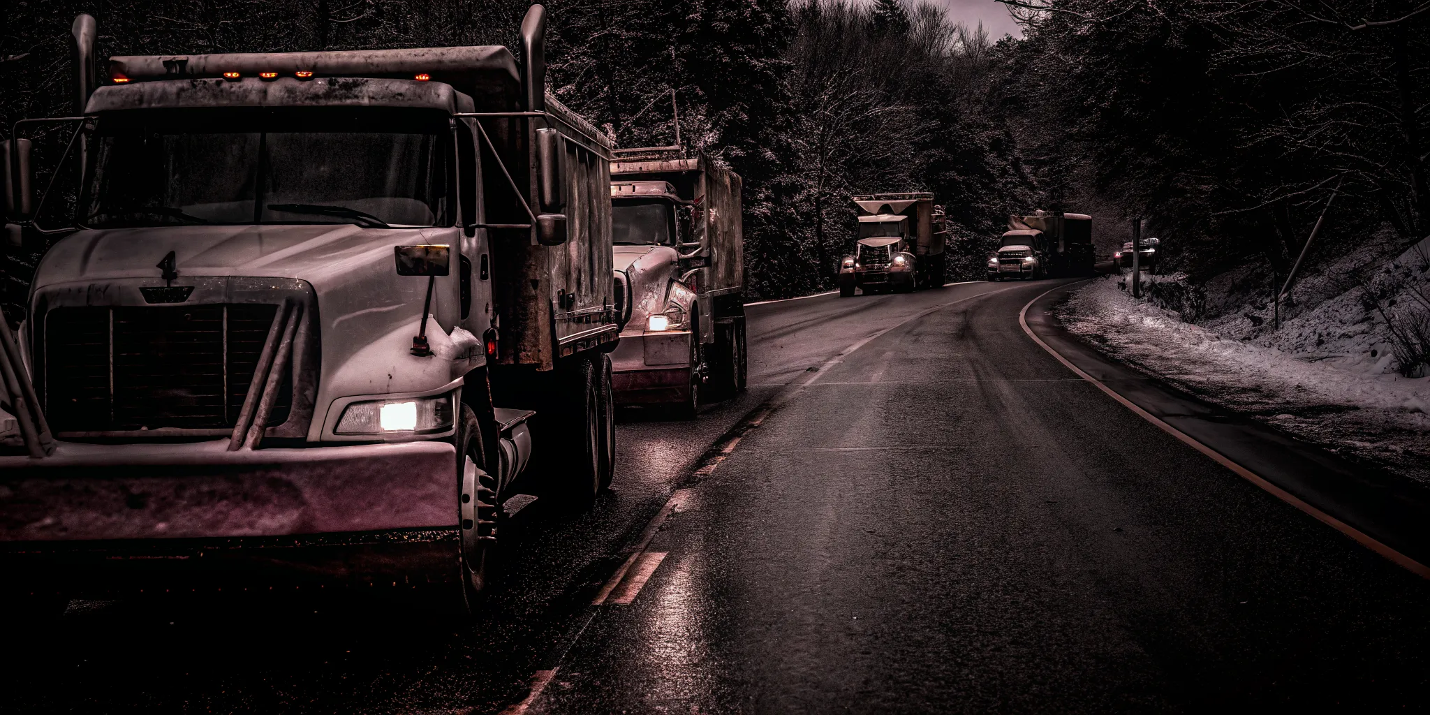 Fleet vehicles on snowy highway with driver clearing windshield using an oversized scraper