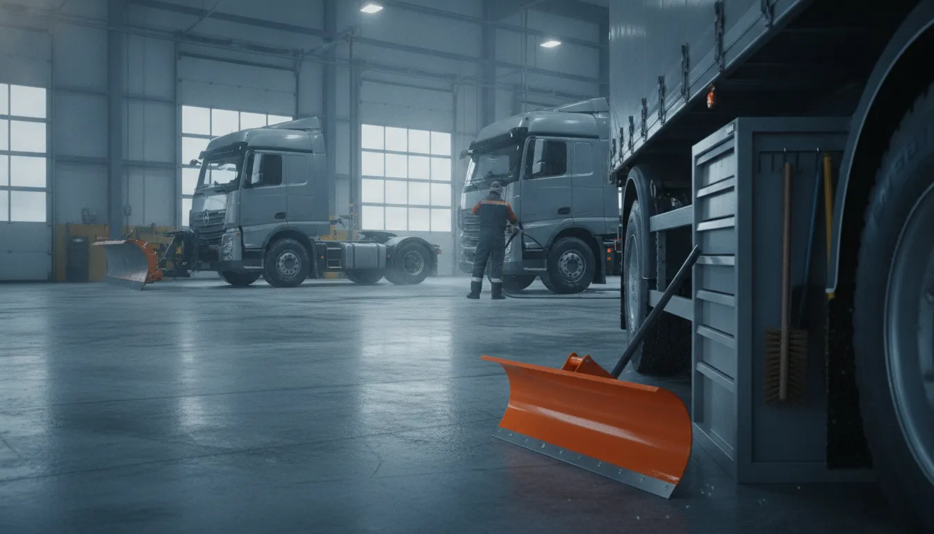 Flat winter equipment kit with a large ice scraper for trucks in a maintenance bay