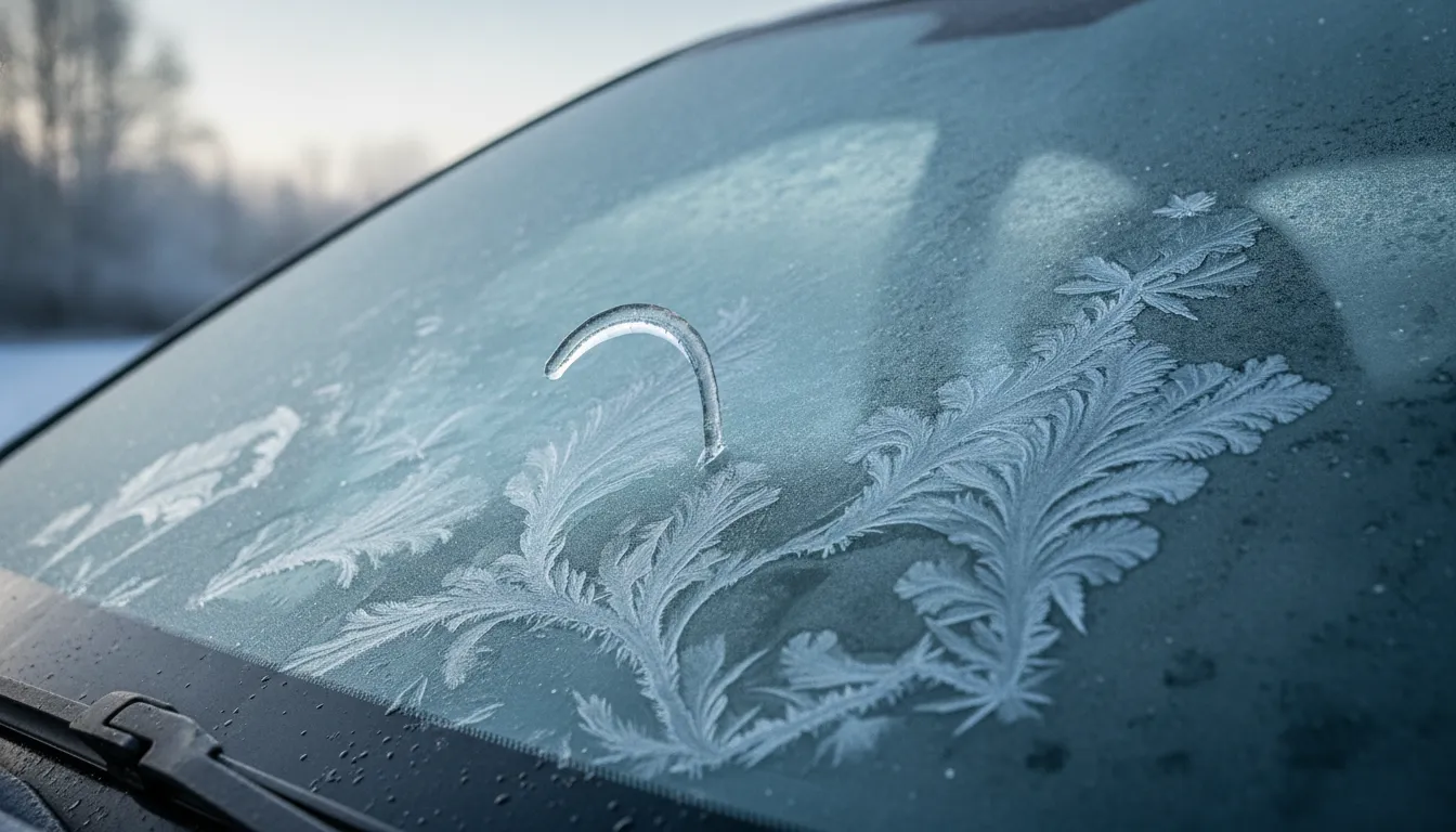 Windshield wiper blade lifted up and frozen to frosted car glass on a winter morning
