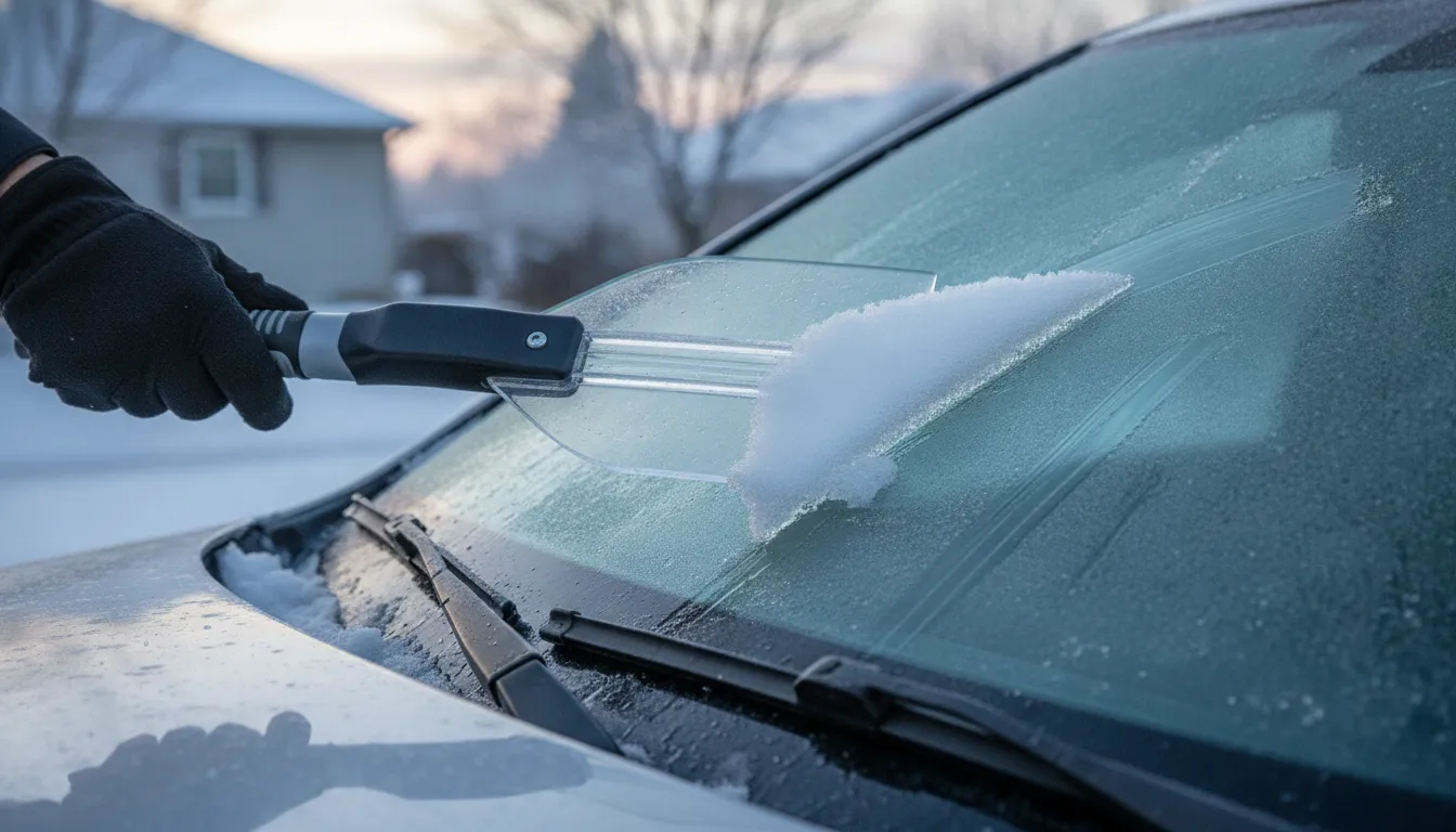 Close-up of The Edge scraper sliding along a wiper blade to safely clear ice