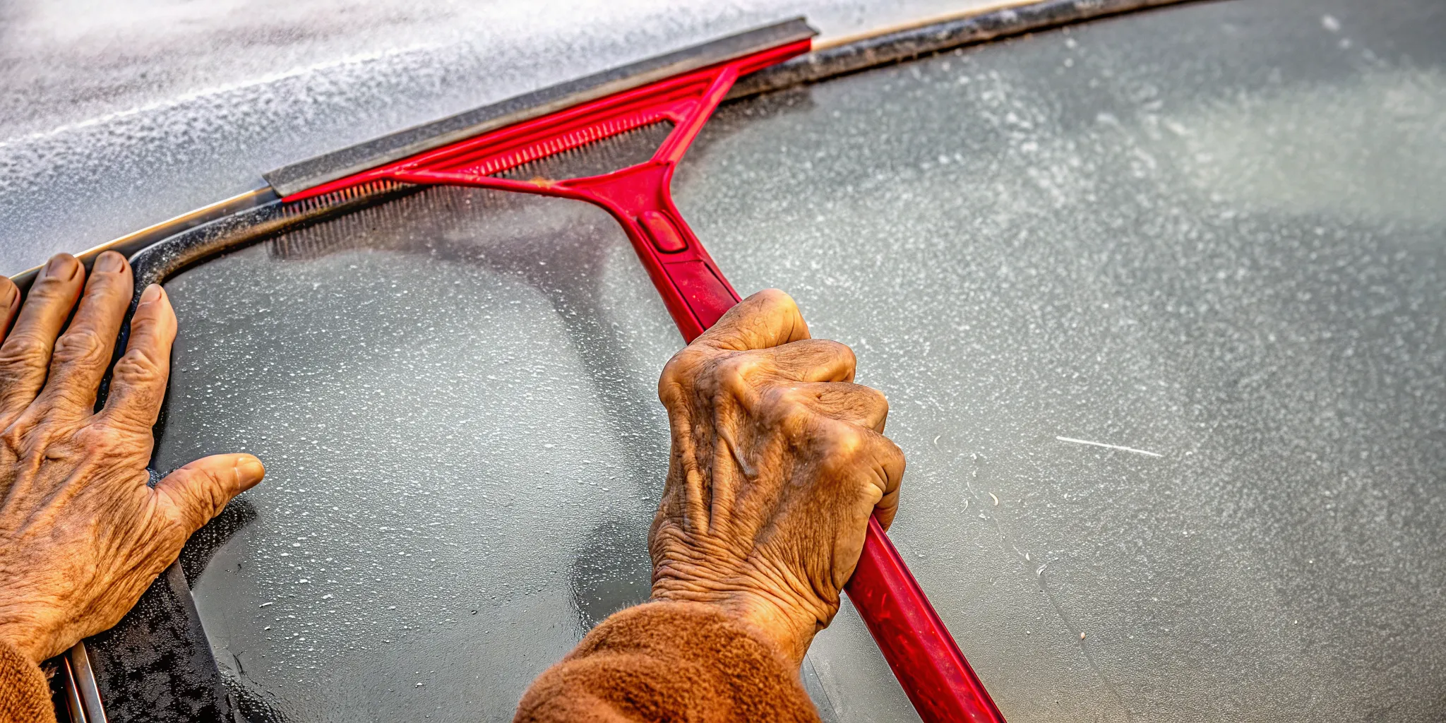 Senior hands holding an oversized ergonomic red ice scraper on a frosty windshield