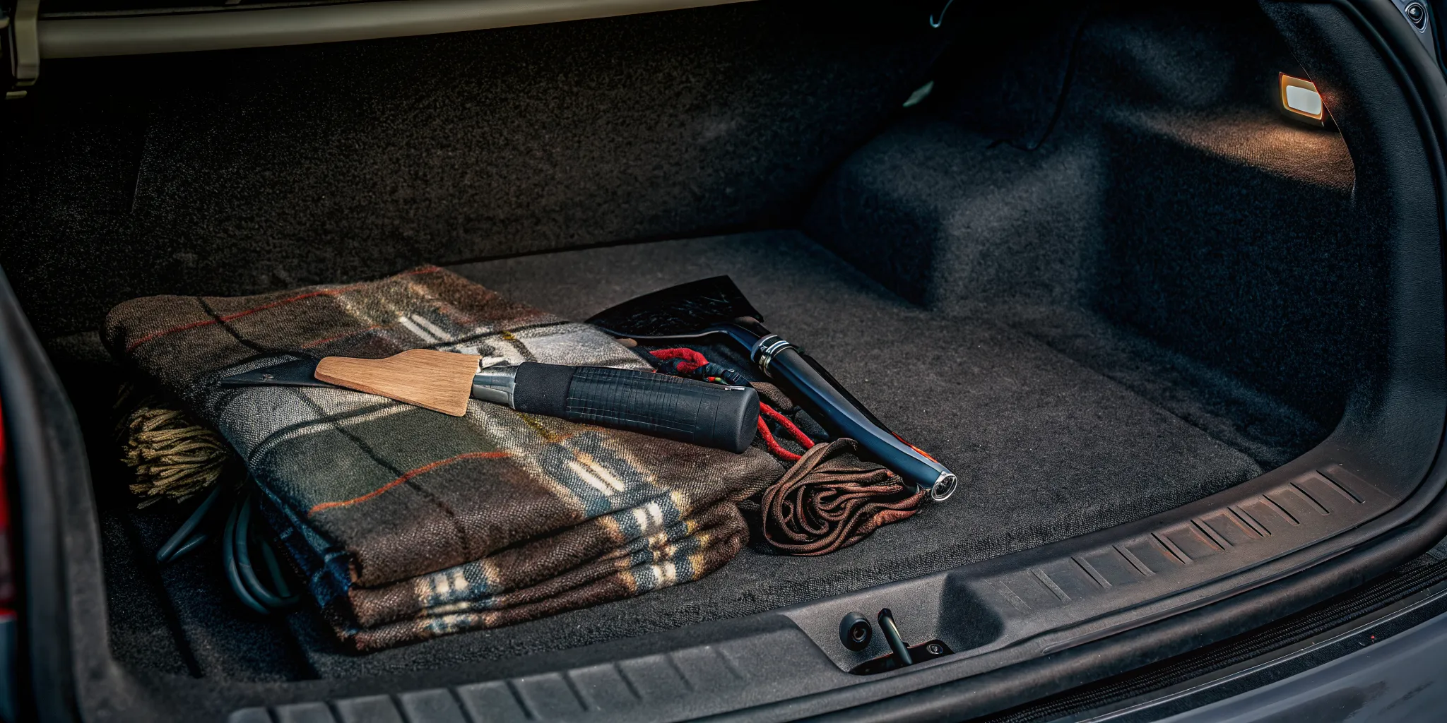 Winter car emergency kit in a trunk with blanket, flashlight, jumper cables, and The Edge ice scraper organized on top