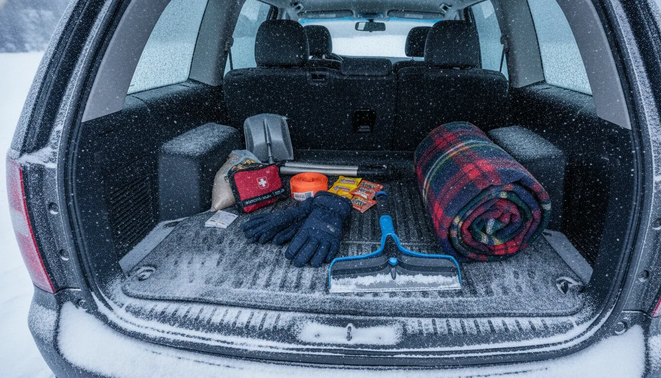 Flat ice scraper stored with a winter vehicle emergency kit