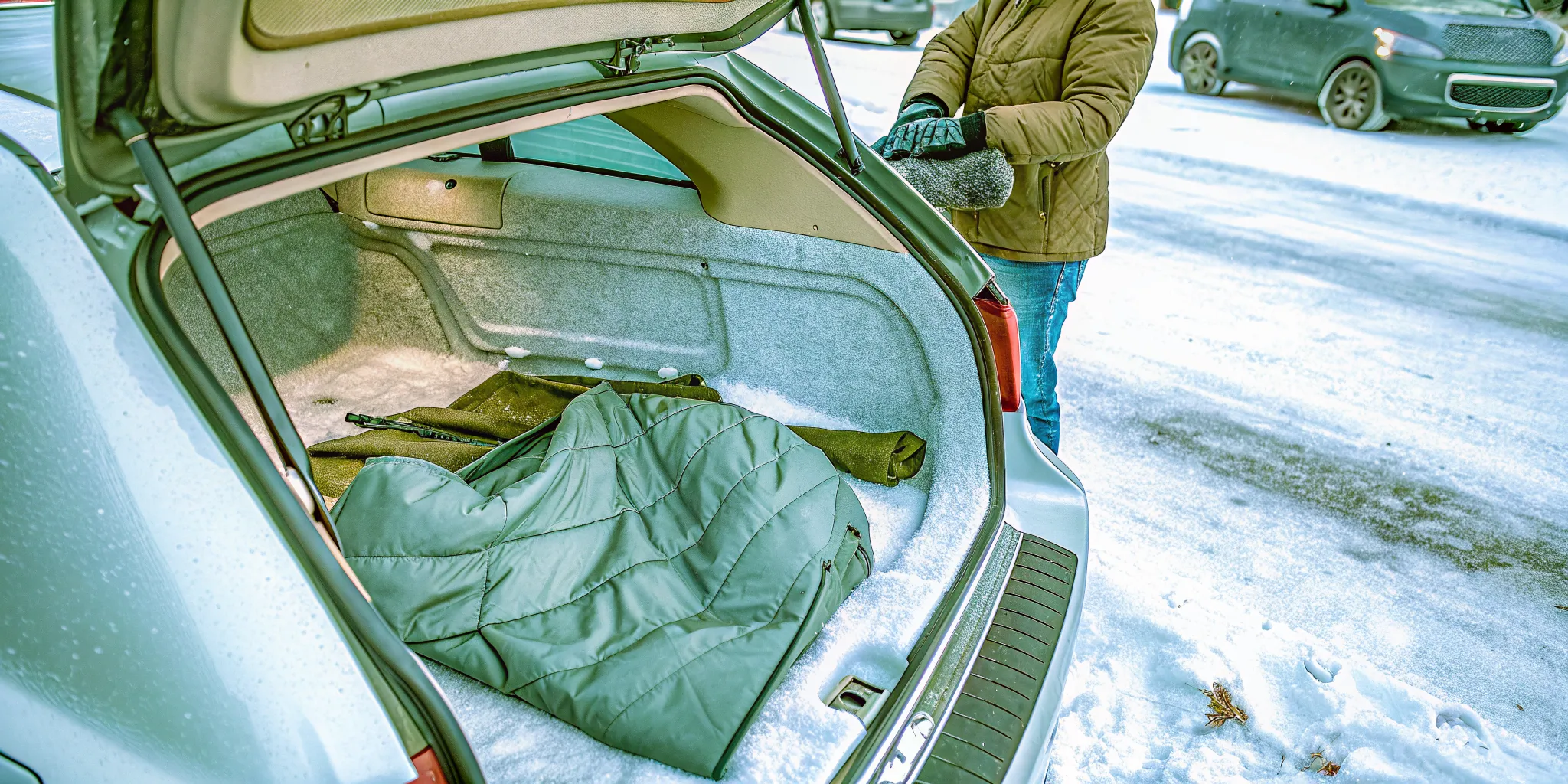 A winter emergency kit with an ice scraper packed in the open trunk of a car on a snowy driveway.