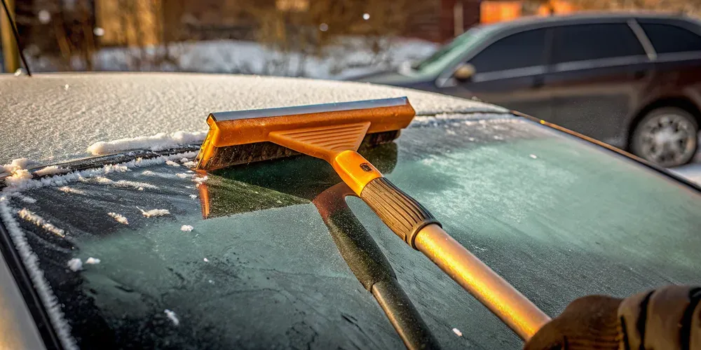 Oversized orange ice scraper clearing thick frost from a car windshield in snowy winter conditions