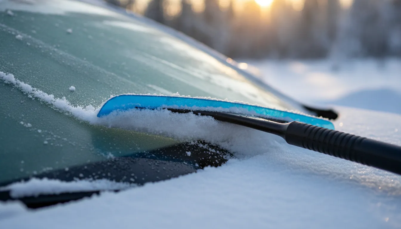 Close-up of The Edge snow scraper edge sweeping snow off a windshield
