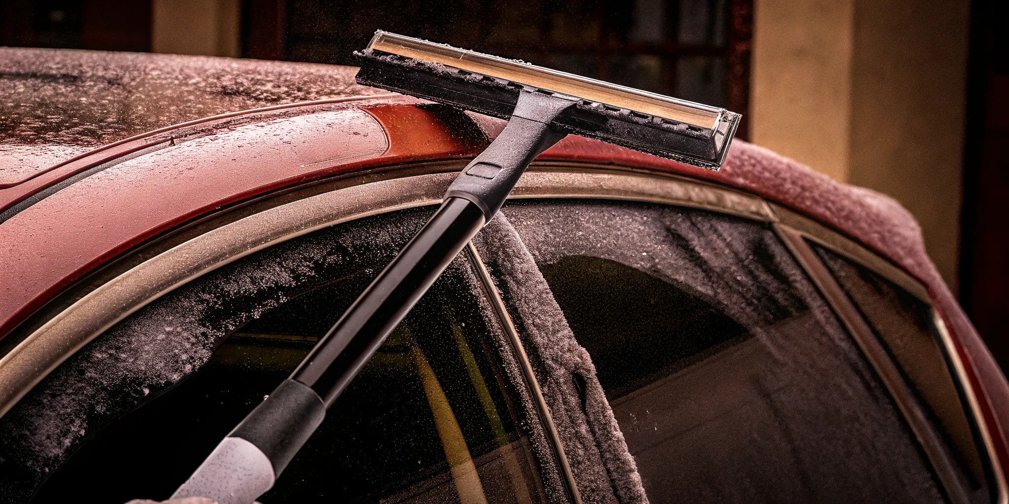 Close-up of The Edge ice scraper clearing frost from a car windshield showing its paint-friendly edge in action