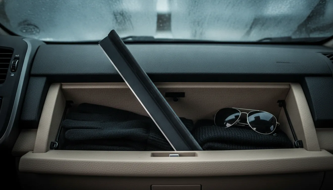 Flat handleless ice scraper stored in a vehicle glove compartment