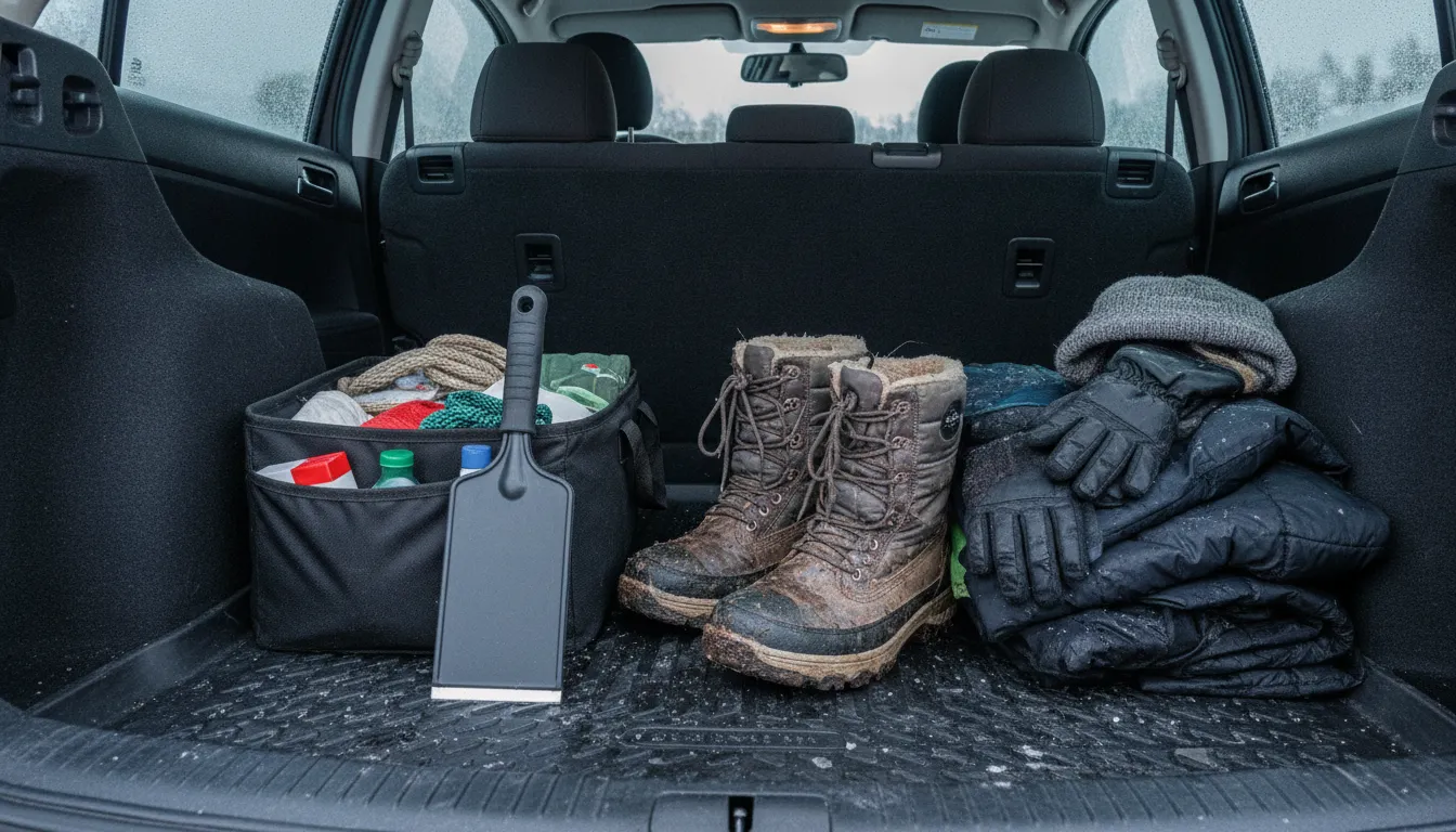 The Edge flat snow and ice scraper stored in a vehicle trunk