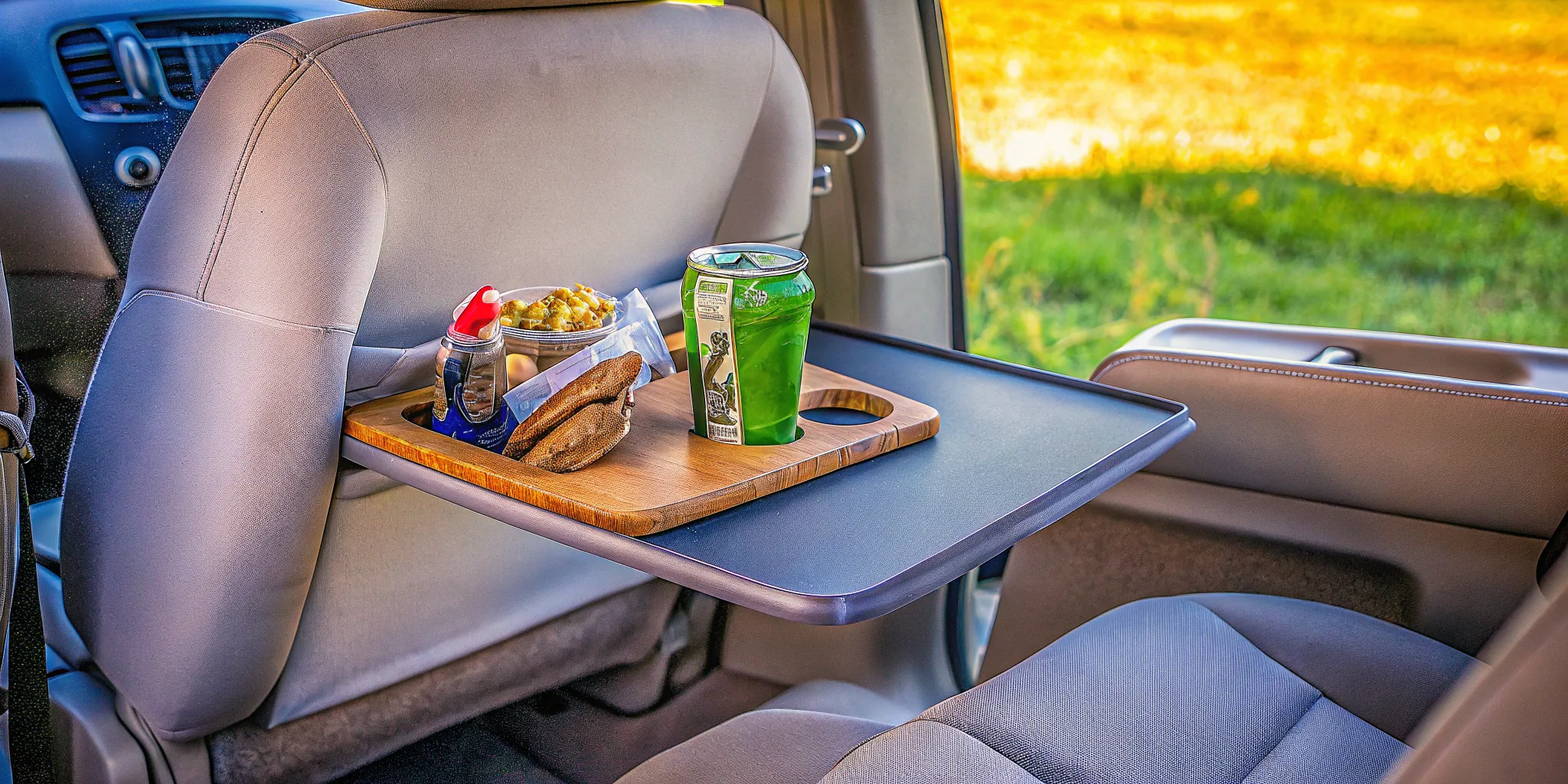 The Edge scraper used as a flat tray on car seat holding snacks and drinks during a road trip