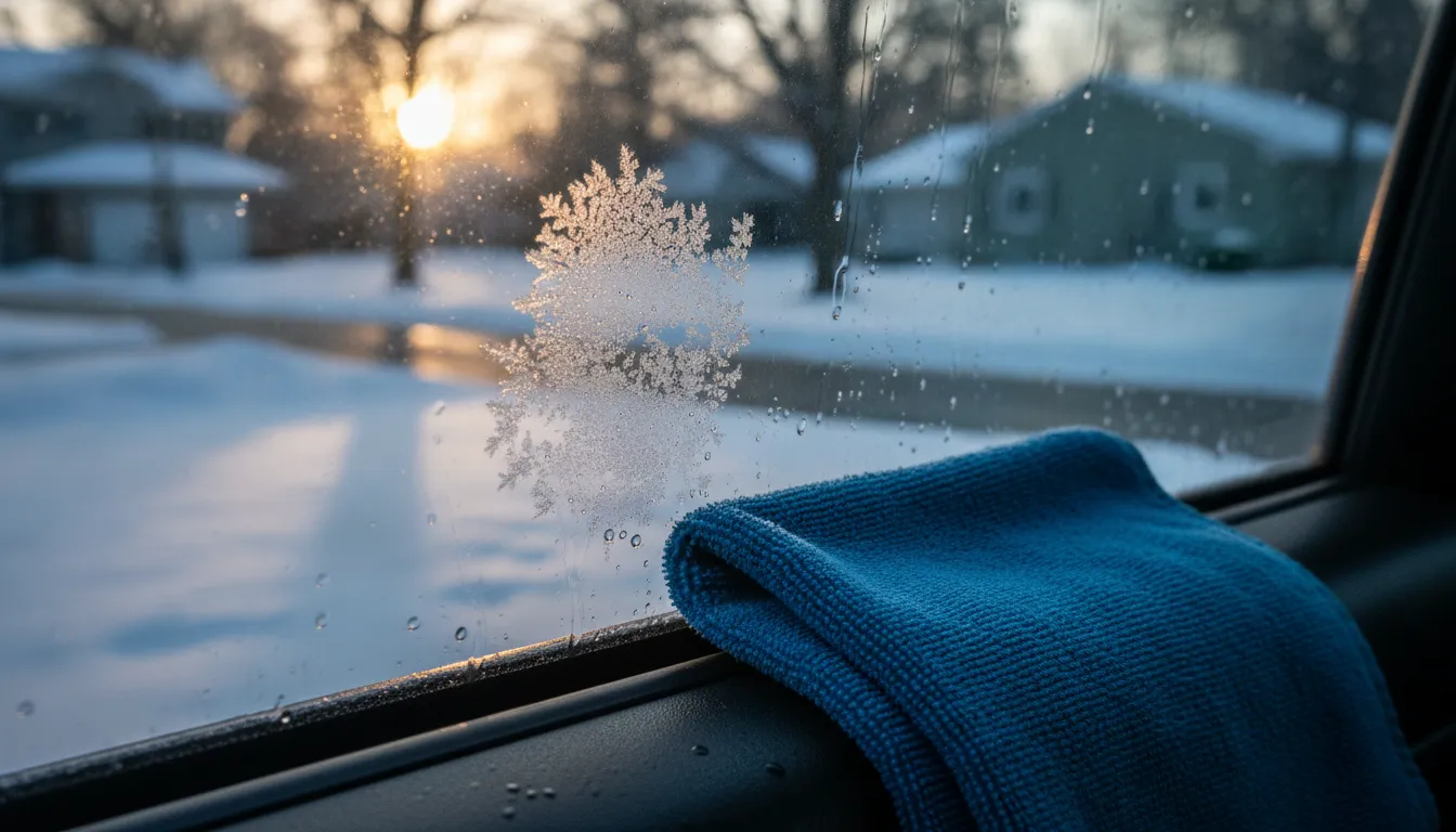 Frost loosening on a tinted vehicle window beside a clean microfiber towel
