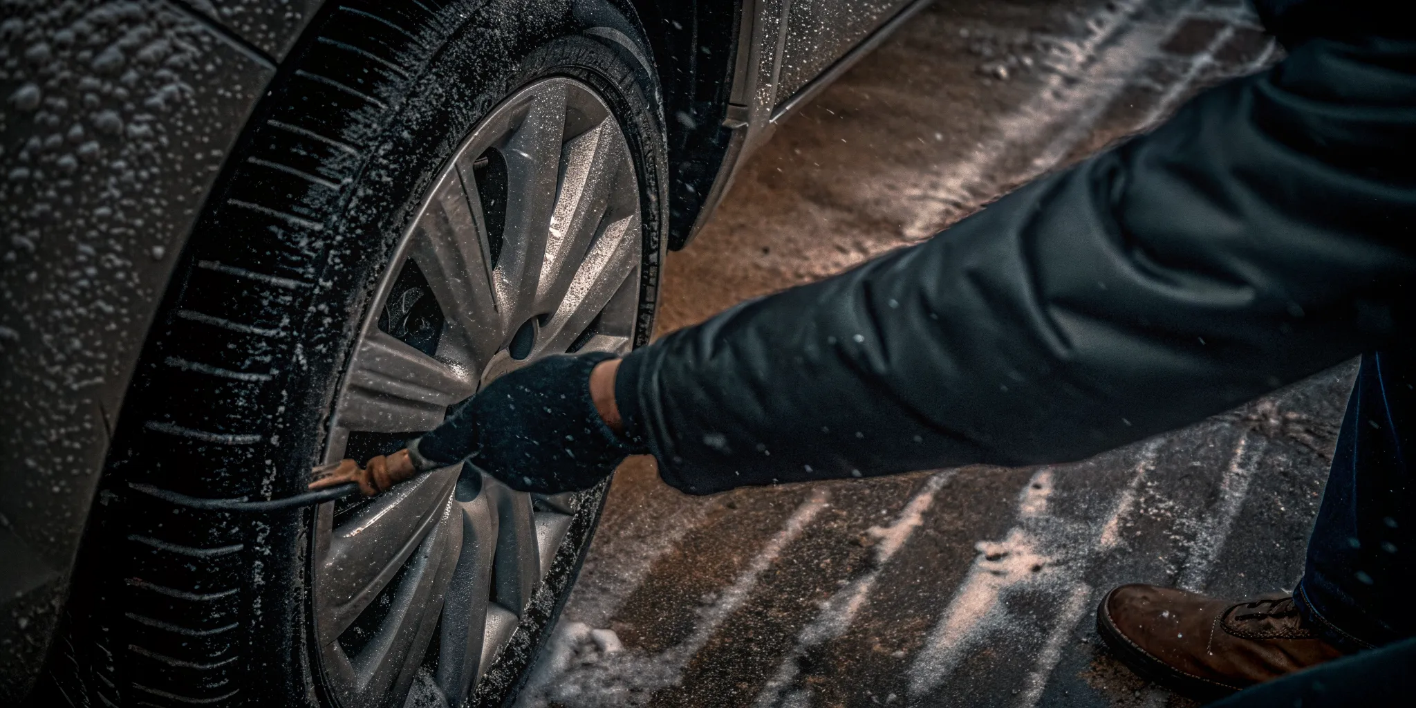 Checking tire pressure as part of a winter car care checklist