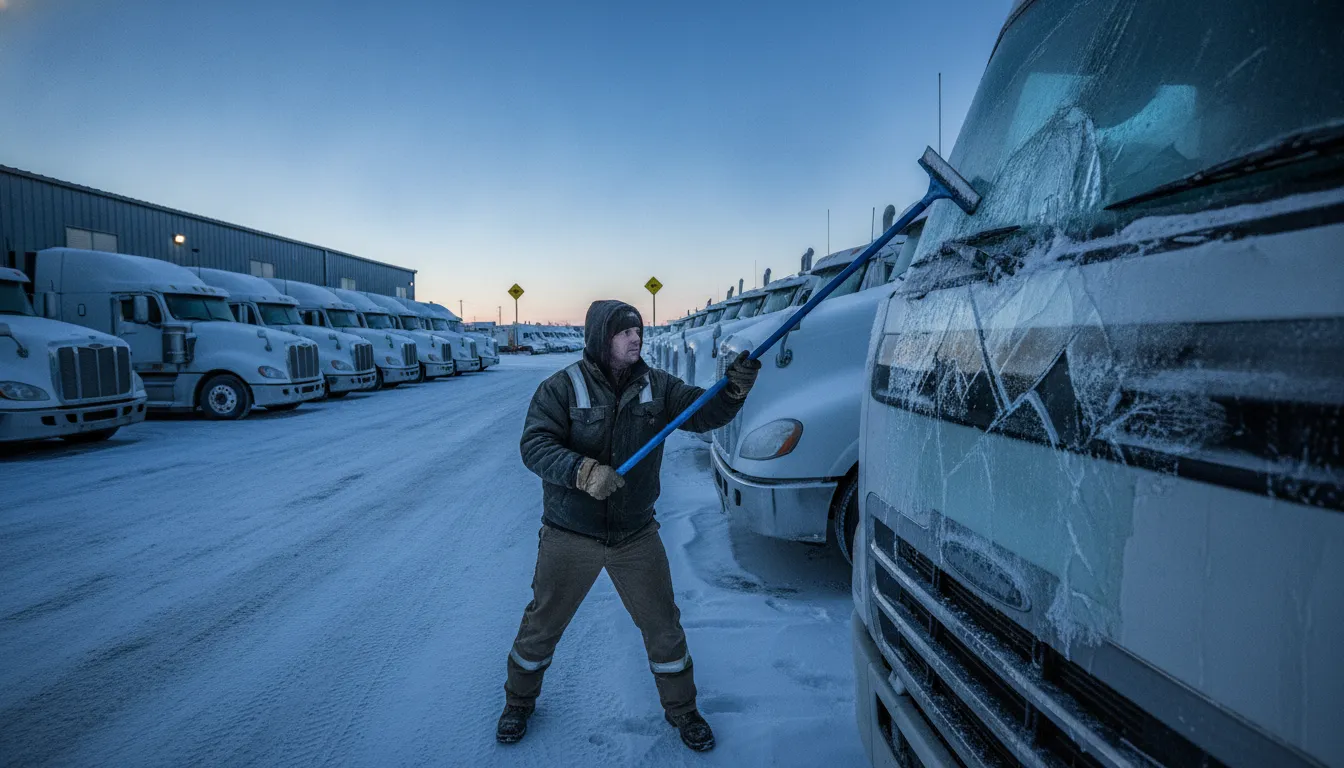Commercial driver using a large ice scraper for trucks on a semi windshield