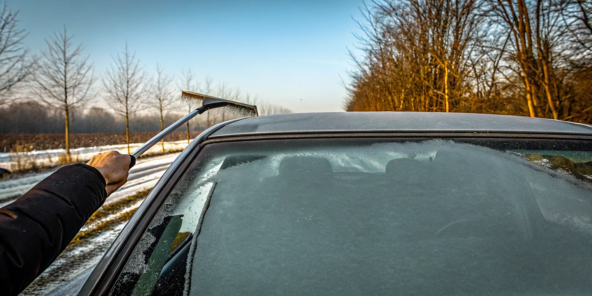 Driver safely using a windshield ice scraper on frozen glass