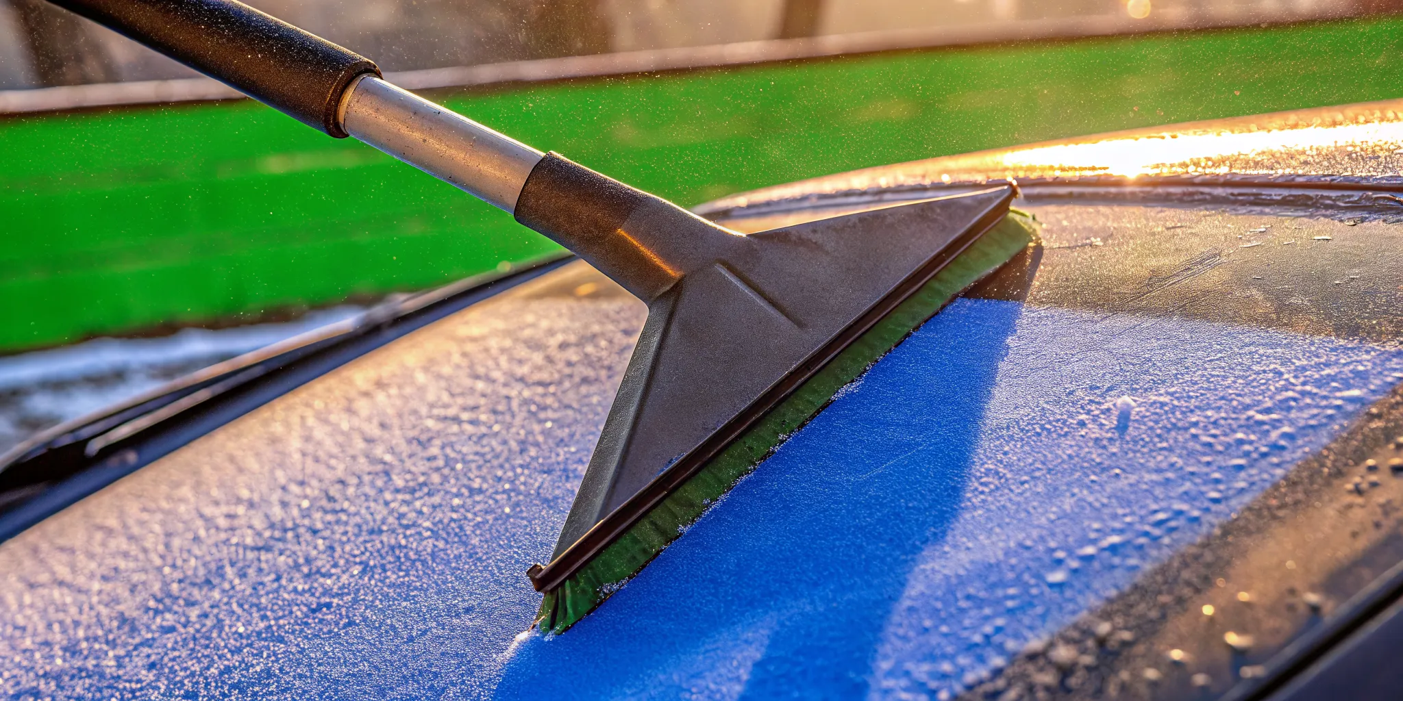 The Edge ice scraper clearing thick frost from car windshield with its wide, paint-friendly blade