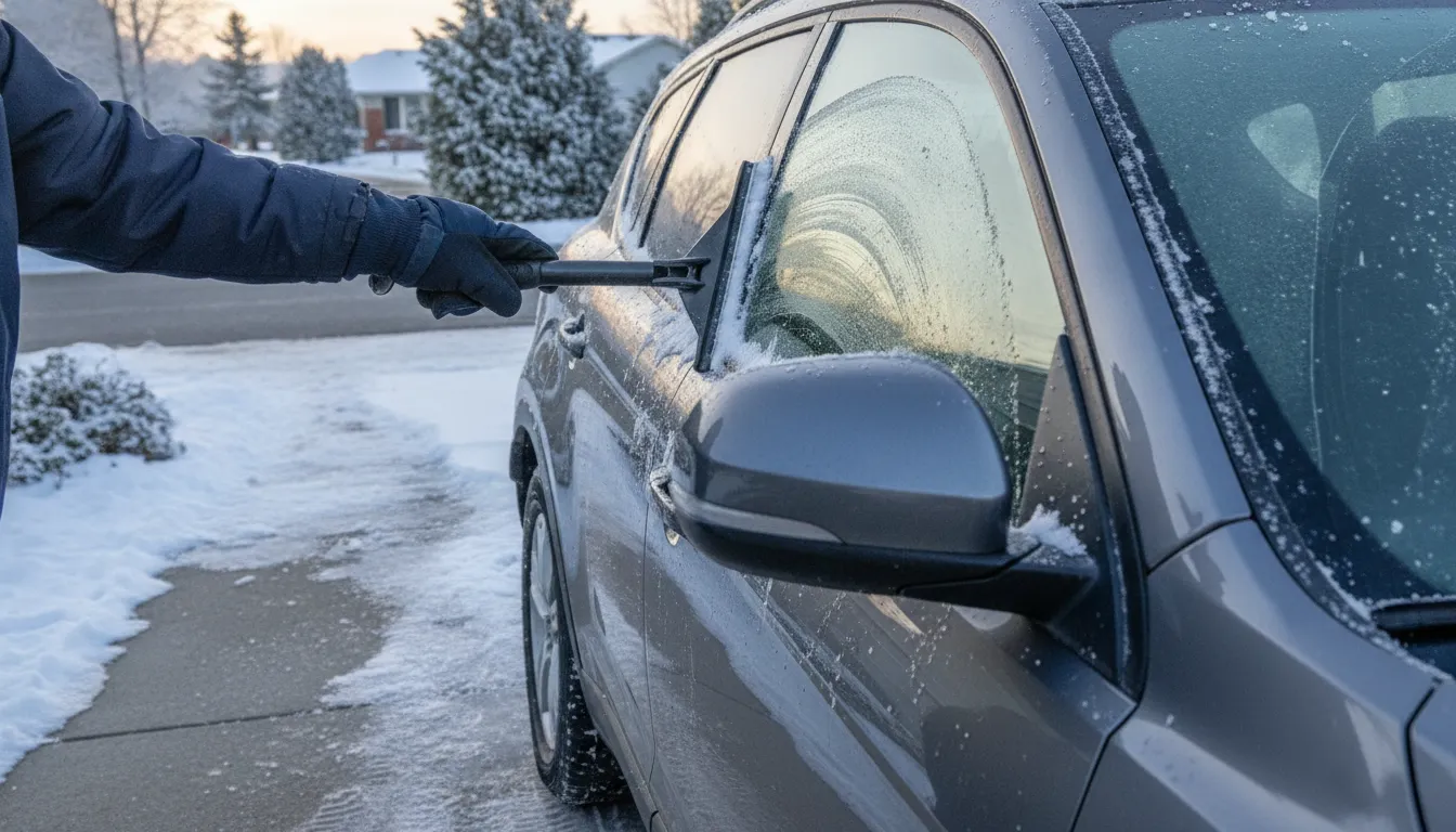 Driver clearing snow from a parked vehicle with a broad winter scraper