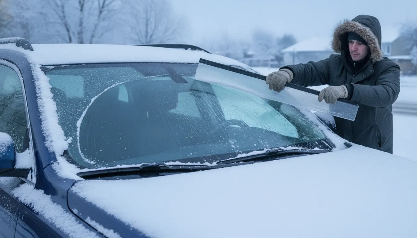 Clearing snow from a car windshield with a wide ice scraper on a snowy morning