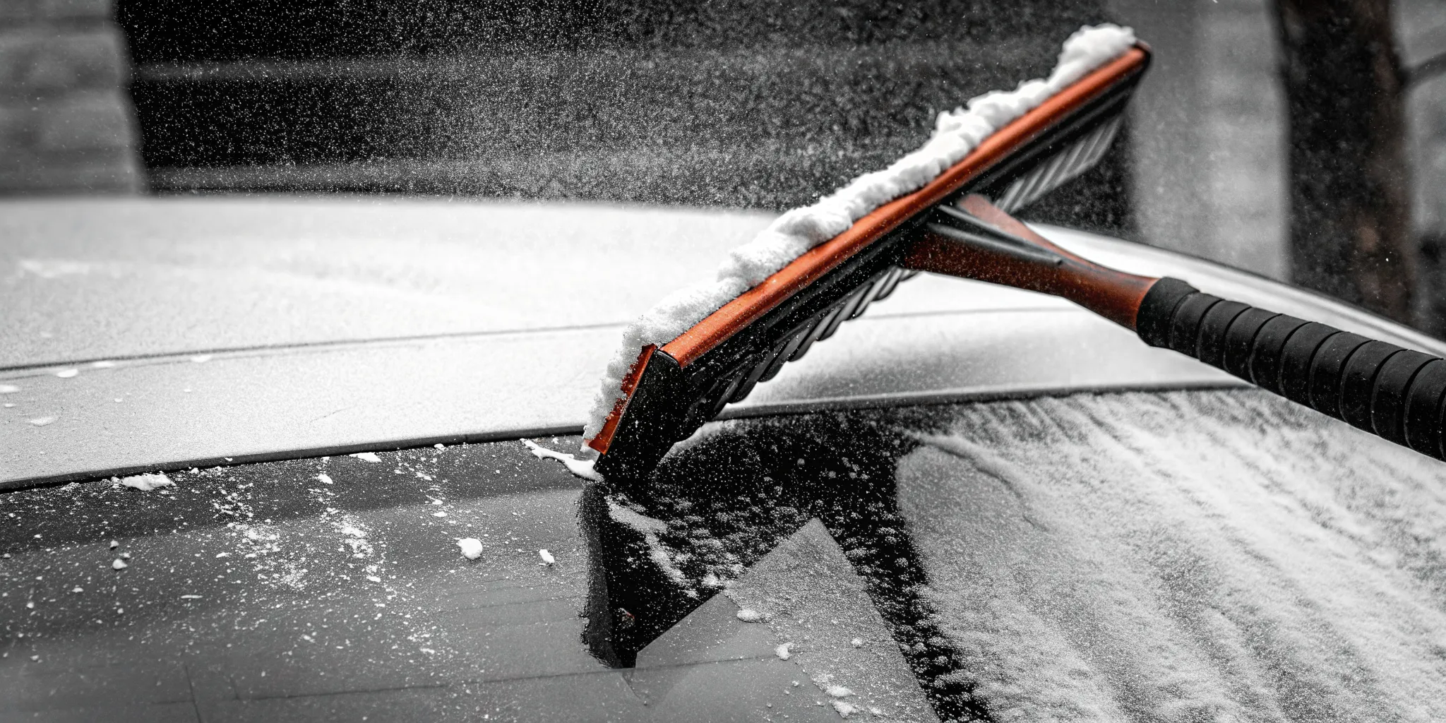 Wide orange snow scraper sweeping a thick layer of snow off a car roof