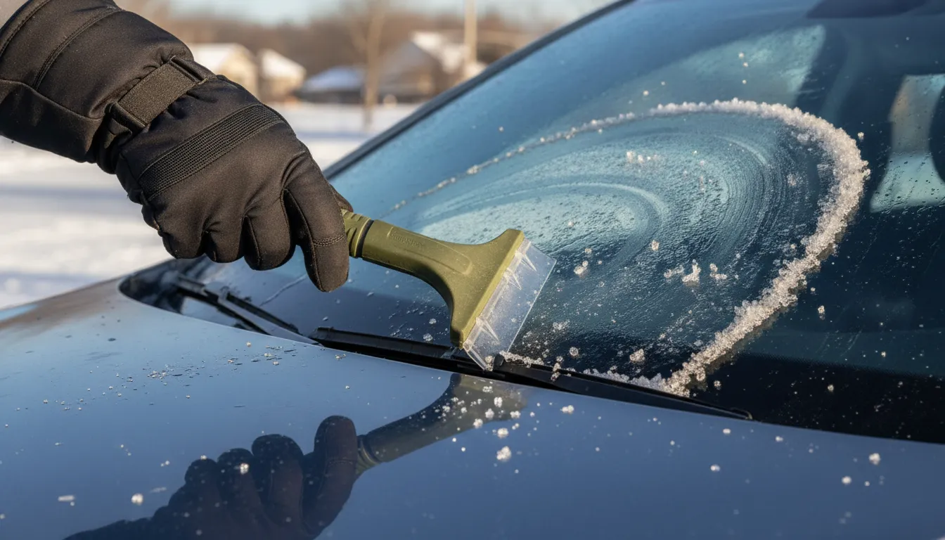 A gloved hand clearing thick ice from a windshield with The Edge ice chipper