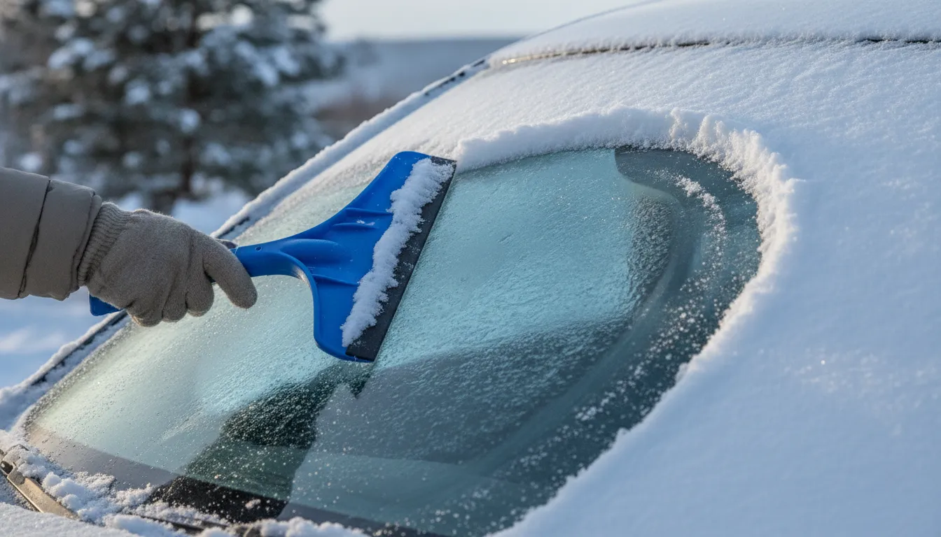 Wide Edge scraper clearing snow across a vehicle windshield