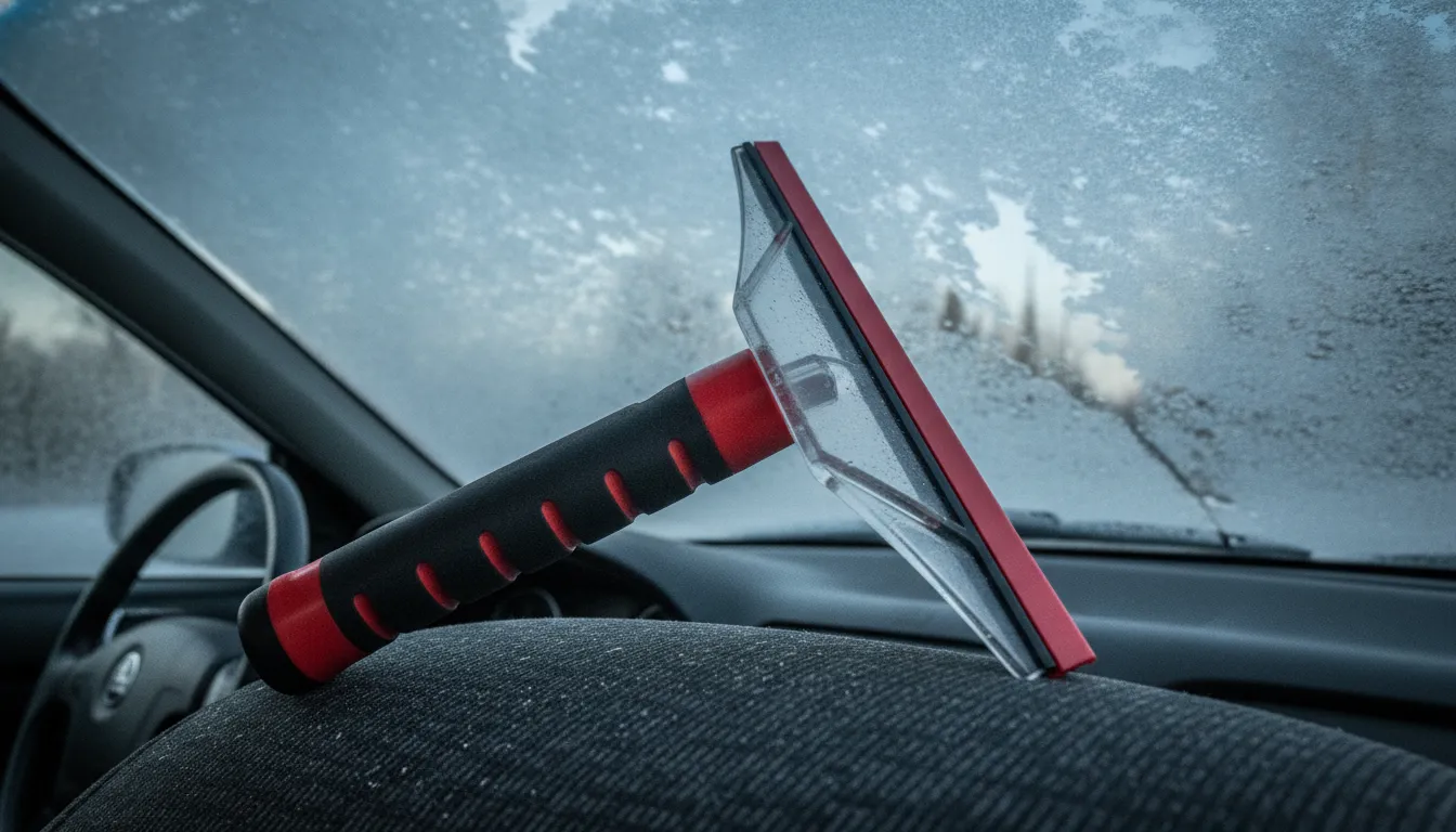 A sturdy branded ice scraper resting on a car seat, ready for winter windshield clearing