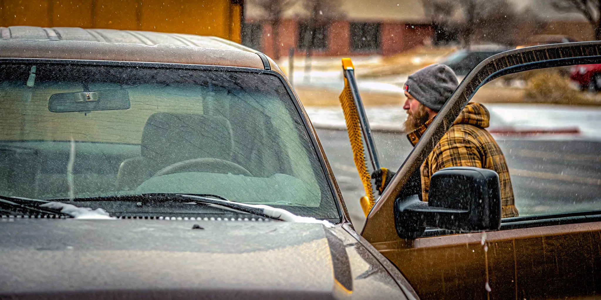 Truck driver clearing snow from a pickup truck with a wide heavy duty scraper on a winter morning