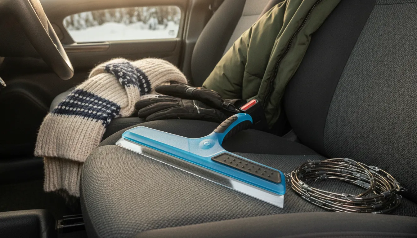 Storing a flat ice scraper inside a car so it is ready for winter snow removal