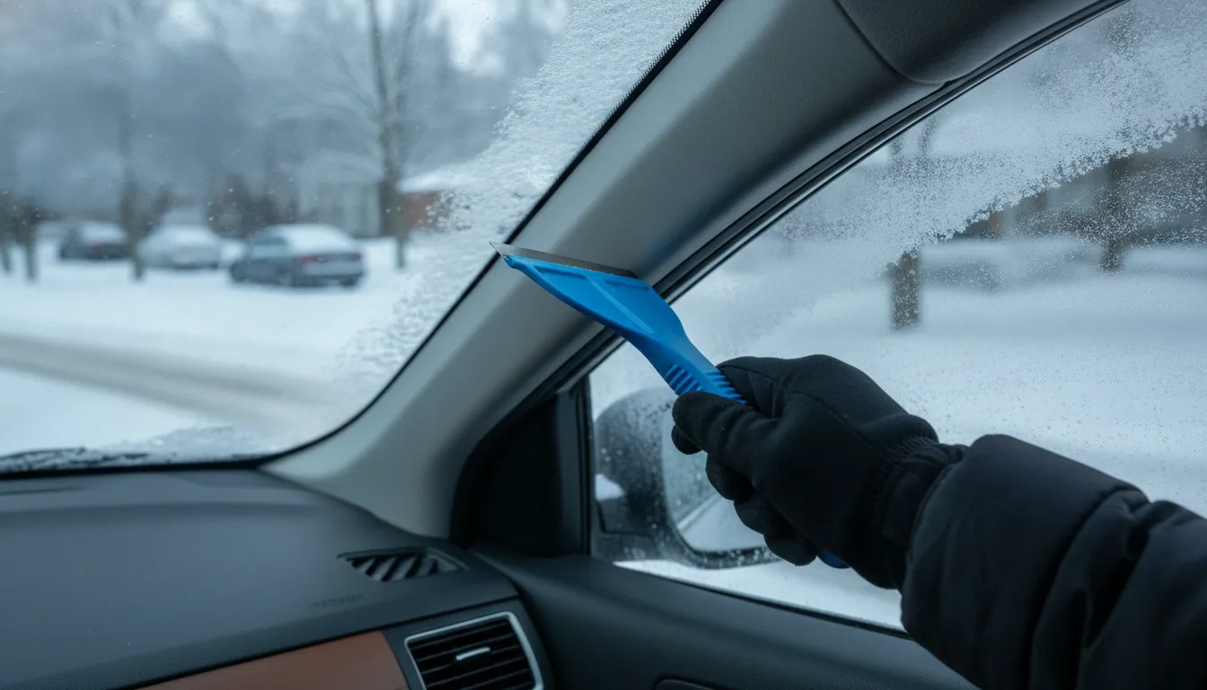 A winter driver holding the ergonomic ice chipper before clearing a frosty windshield