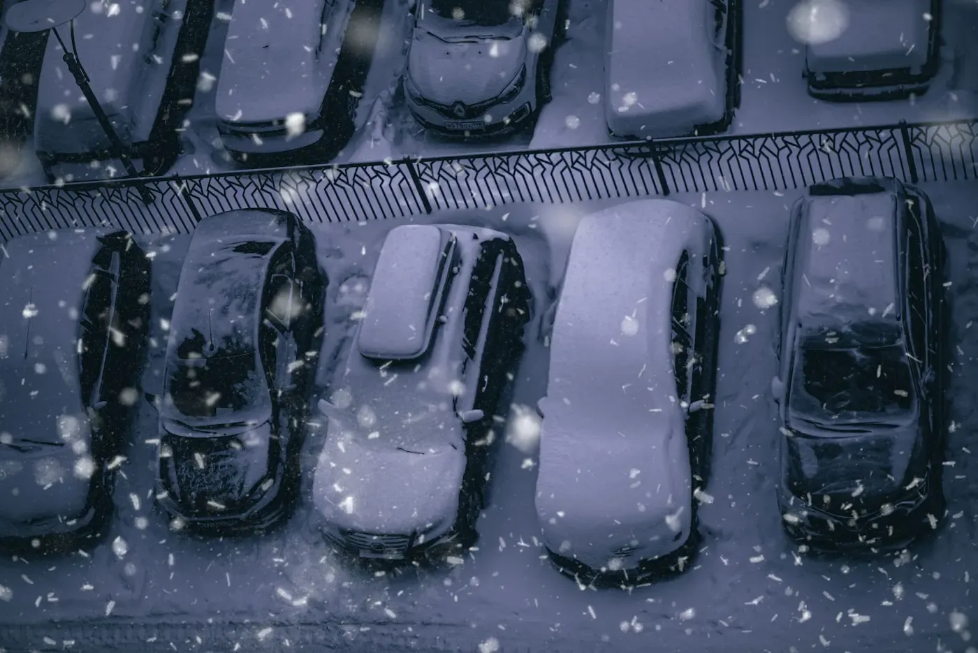 Snow-covered rental cars lined up for winter vehicle prep