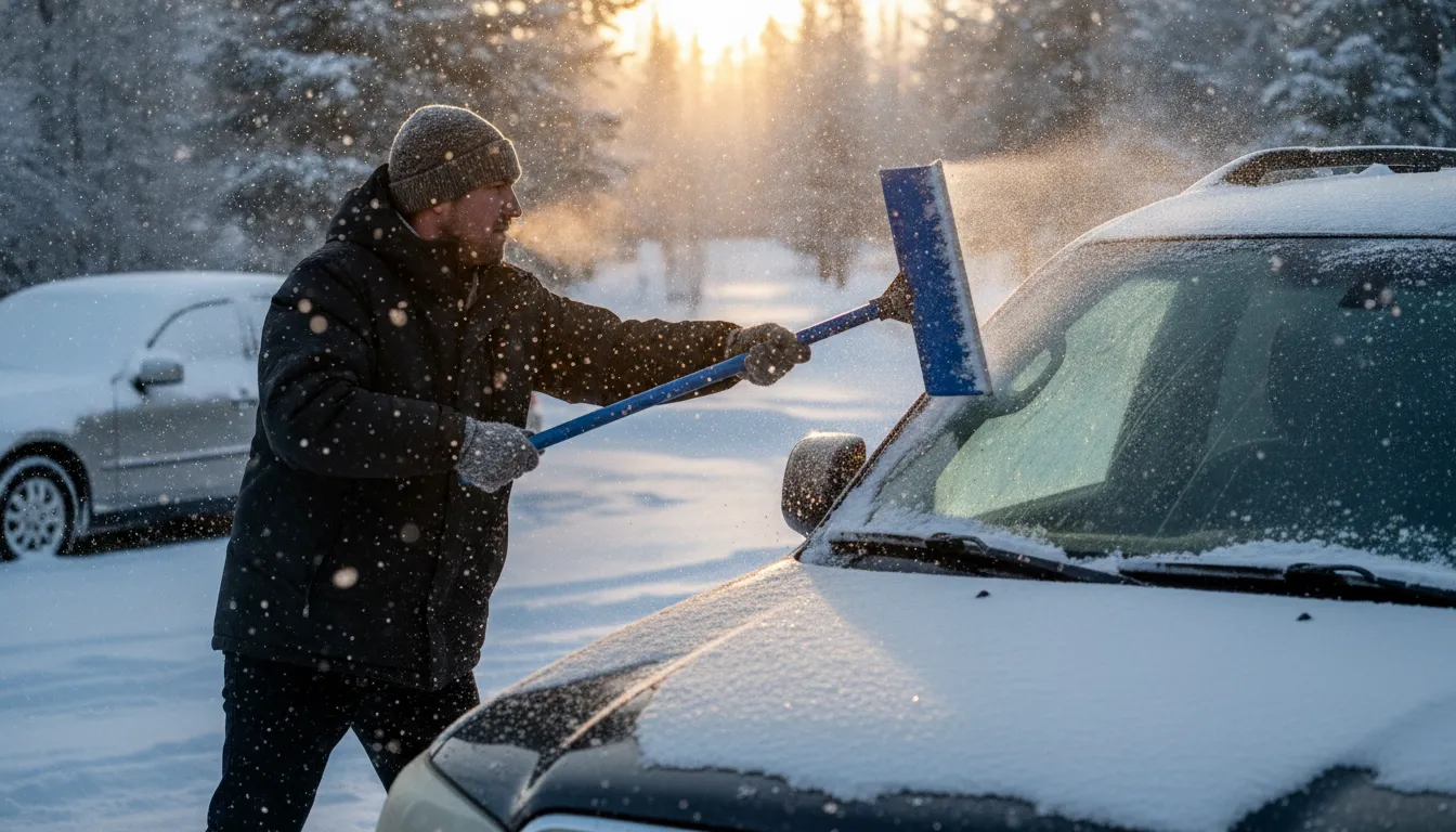 The Edge flat snow scraper stored with winter vehicle equipment