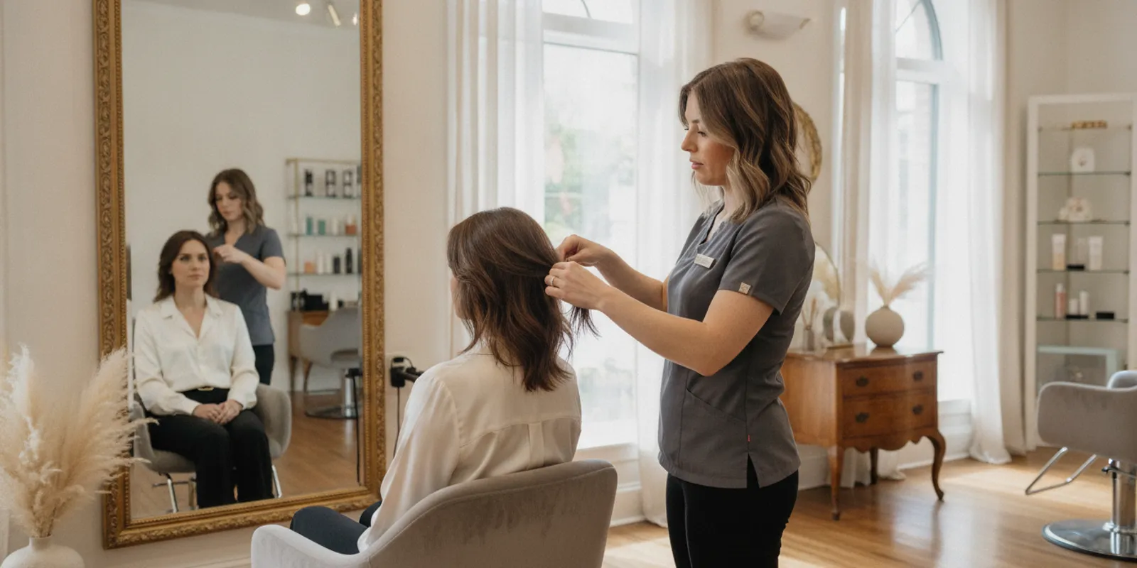 A stylist carefully shaping a client's hair during a salon haircut consultation.