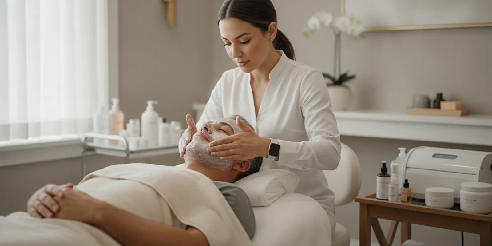 A man relaxing during a personalized facial in a serene Houston spa treatment room